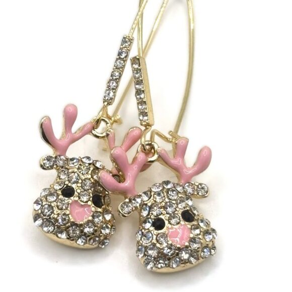 Pink Enamel Antlers Rhinestone Gold Tone Reindeer Head Christmas Winter Earrings - Picture 3 of 4